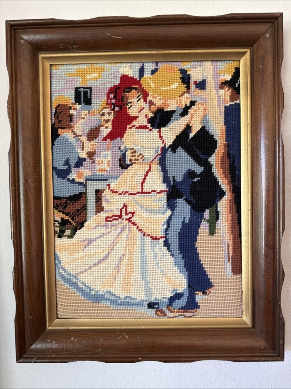 Vintage HTF Framed Renoir Needlepoint Reproduction 18.5 x 15 "Dance At Bougival"